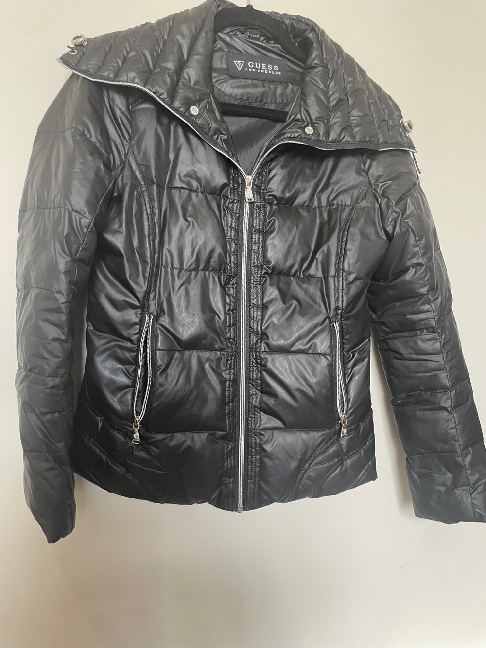 Guess Quilted Black Puffer Jacket with High Collar